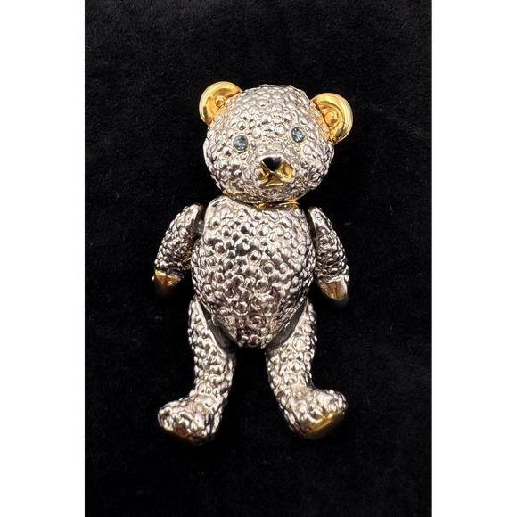 Vintage Silver Gold Tone Articulated Teddy Bear Pendant Brooch Blue Crystal Eyes - Picture 1 of 10